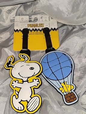 Peanuts Snoopy & Woodstock Hot Air Balloon Bag Tags - White, Yellow & Blue Li M